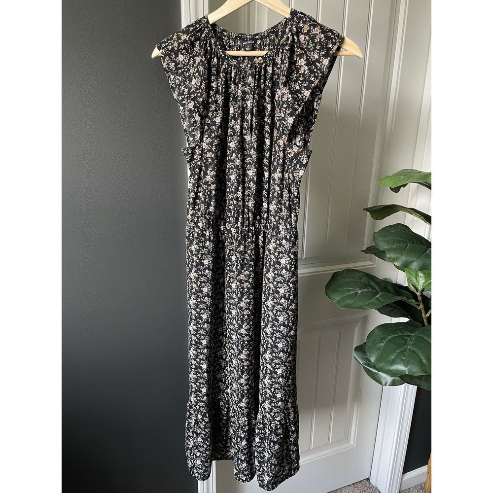 J. Crew Mercantile Midi Dress Black Floral Peasant Blouson Cap Sleeve S